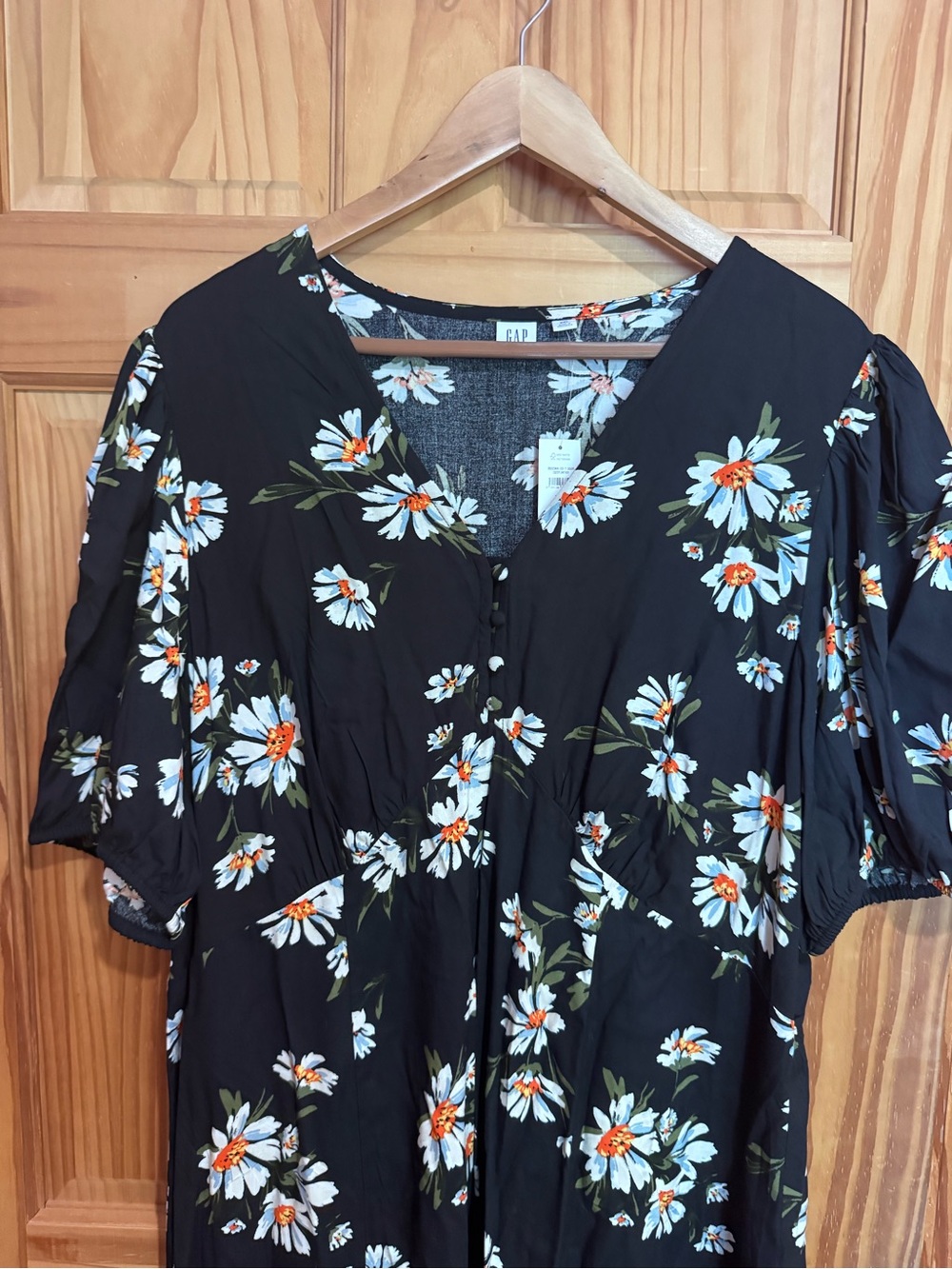 GAP Black Floral V-Neck Midi Dress with White & Peach Blooms
